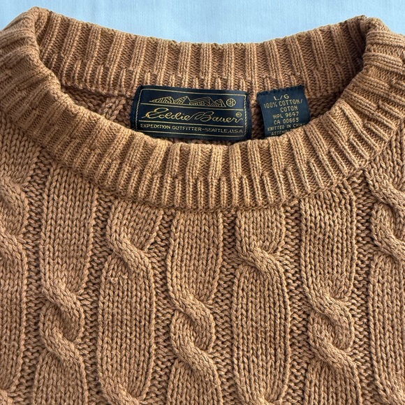 Vintage Eddie Bauer Men L Cable Knit Fisherman Cotton Crewneck Sweater Brown Tan - Picture 3 of 7